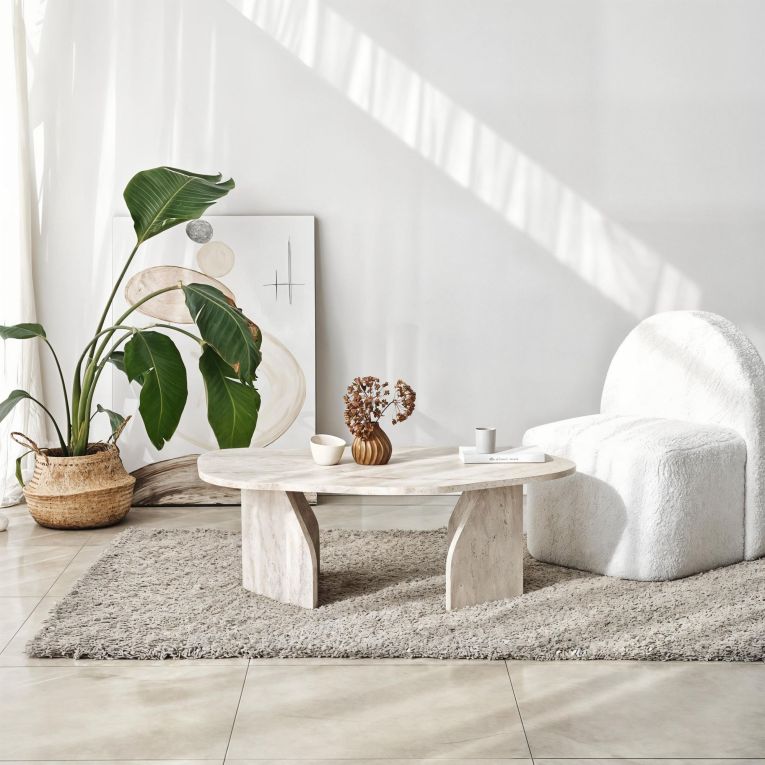 Tavolino da Salotto Bianco Marmo Forma Ovale Materiale Piano in Legno Nobilitato 100x60x35h cm, Colore Ripiano Bianco - Lozza
