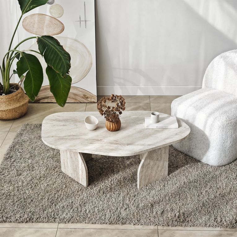 Tavolino da Salotto Bianco Marmo Forma Ovale Materiale Piano in Legno Nobilitato 100x60x35h cm, Colore Ripiano Bianco - Lozza
