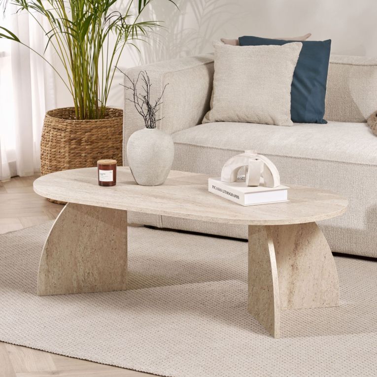 Tavolino da Salotto Bianco Marmo Forma Ovale Materiale Piano in Legno Nobilitato 120x60x40h cm, Colore Ripiano Bianco - Nohaza