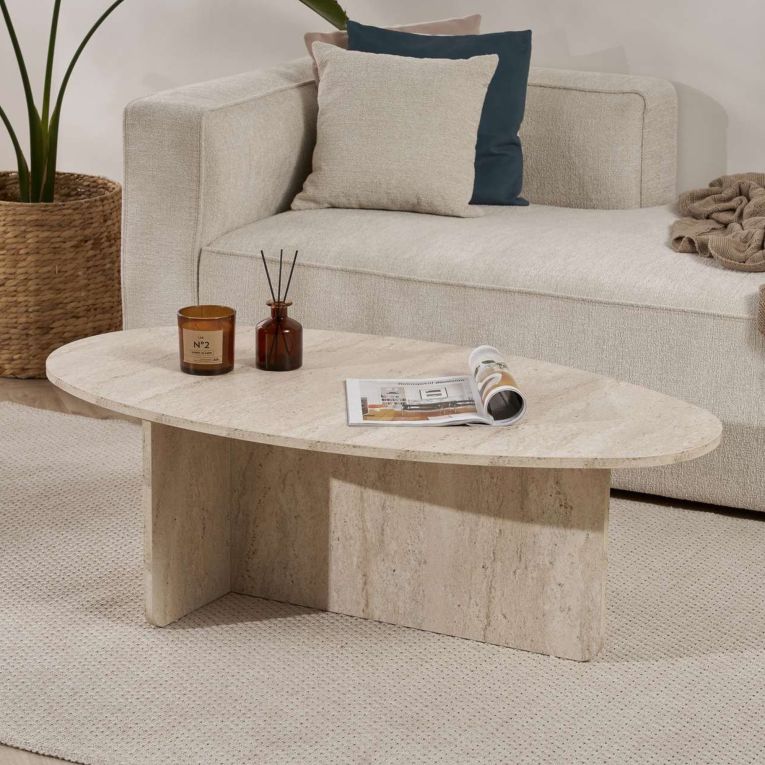 Tavolino da Salotto Bianco Marmo Forma Ovale Materiale Piano in Legno Nobilitato 120x65x40h cm, Colore Ripiano Bianco - Parona