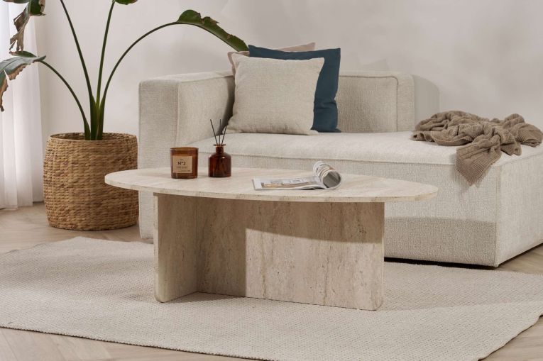 Tavolino da Salotto Bianco Marmo Forma Ovale Materiale Piano in Legno Nobilitato 120x65x40h cm, Colore Ripiano Bianco - Parona