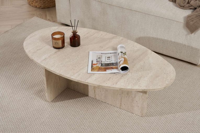 Tavolino da Salotto Bianco Marmo Forma Ovale Materiale Piano in Legno Nobilitato 120x65x40h cm, Colore Ripiano Bianco - Parona