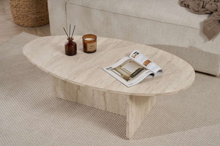 Tavolino da Salotto Bianco Marmo Forma Ovale Materiale Piano in Legno Nobilitato 120x65x40h cm, Colore Ripiano Bianco - Parona