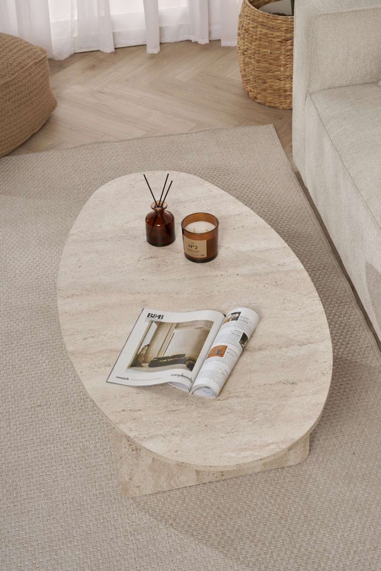 Tavolino da Salotto Bianco Marmo Forma Ovale Materiale Piano in Legno Nobilitato 120x65x40h cm, Colore Ripiano Bianco - Parona