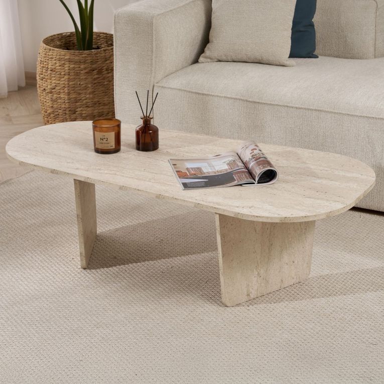 Tavolino da Salotto Bianco Marmo Forma Ovale Materiale Piano in Legno Nobilitato 130x65x40h cm, Colore Ripiano Bianco - Dozza
