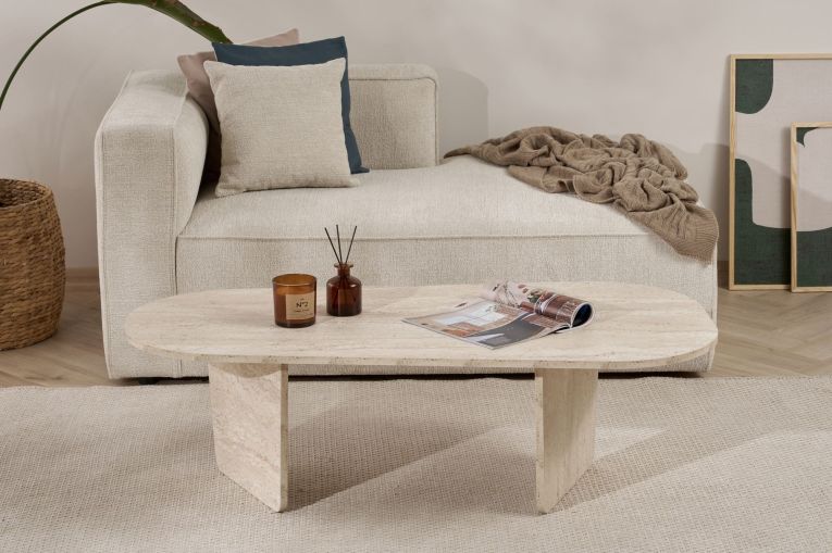 Tavolino da Salotto Bianco Marmo Forma Ovale Materiale Piano in Legno Nobilitato 130x65x40h cm, Colore Ripiano Bianco - Dozza