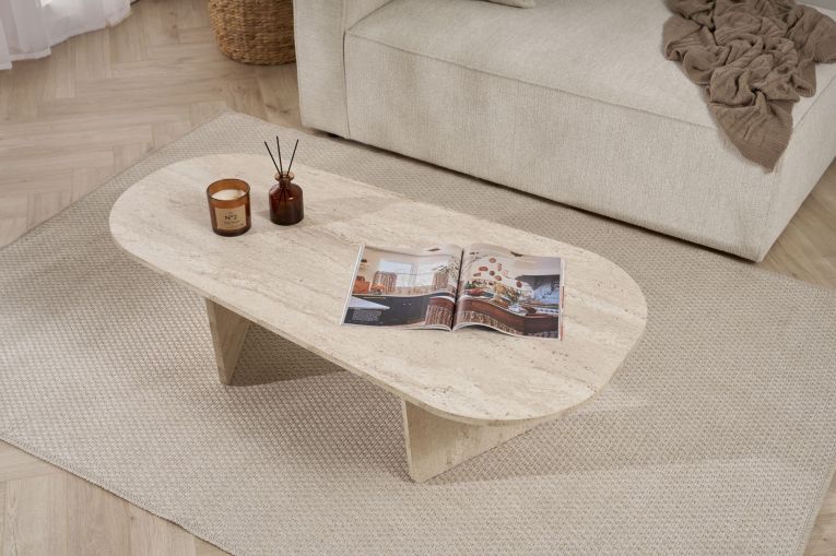 Tavolino da Salotto Bianco Marmo Forma Ovale Materiale Piano in Legno Nobilitato 130x65x40h cm, Colore Ripiano Bianco - Dozza