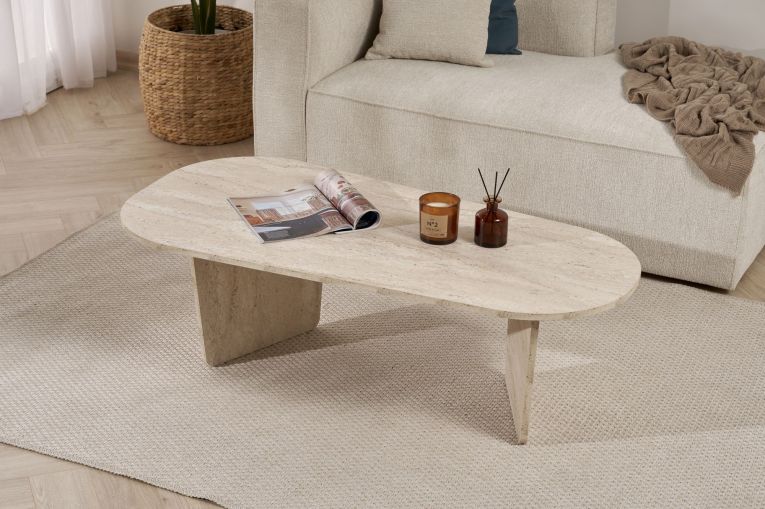 Tavolino da Salotto Bianco Marmo Forma Ovale Materiale Piano in Legno Nobilitato 130x65x40h cm, Colore Ripiano Bianco - Dozza