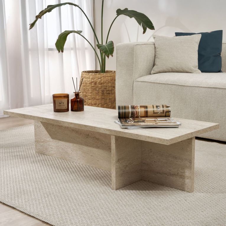 Tavolino da Salotto Bianco Marmo Forma Rettangolare Materiale Piano in Legno Nobilitato 120x45x30h cm, Colore Ripiano Bianco - Marmorito