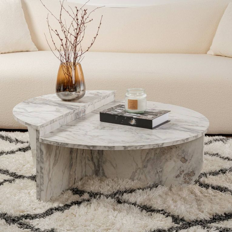 Tavolino da Salotto Bianco Marmo Forma Rettangolare Materiale Piano in Legno Nobilitato 90x60x35h cm, Colore Ripiano Bianco - Mansue