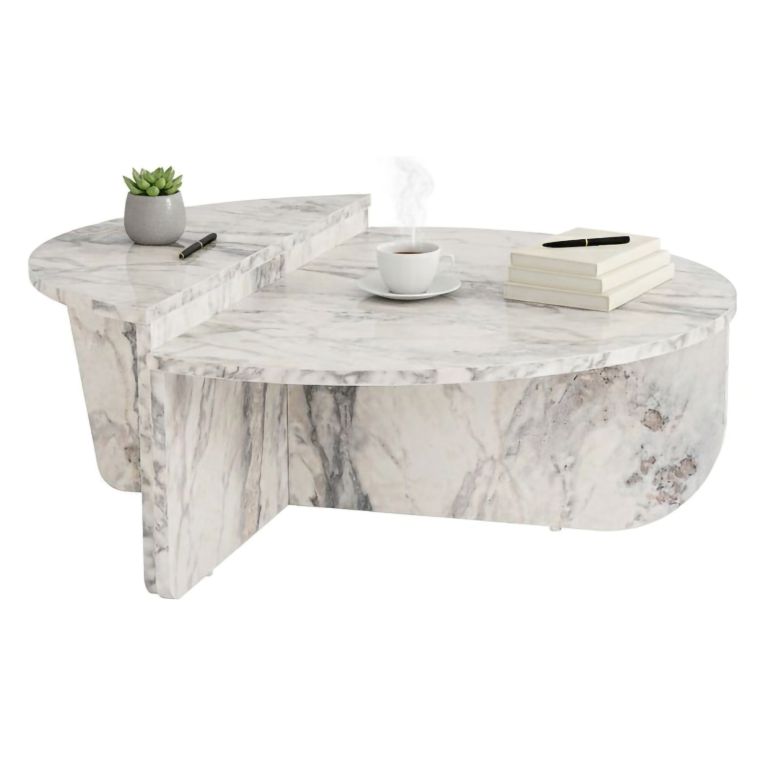 Tavolino da Salotto Bianco Marmo Forma Rettangolare Materiale Piano in Legno Nobilitato 90x60x35h cm, Colore Ripiano Bianco - Mansue