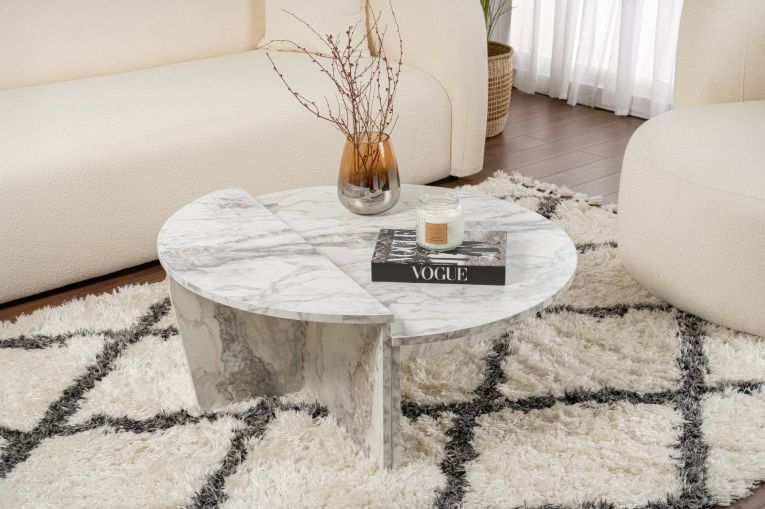 Tavolino da Salotto Bianco Marmo Forma Rettangolare Materiale Piano in Legno Nobilitato 90x60x35h cm, Colore Ripiano Bianco - Mansue