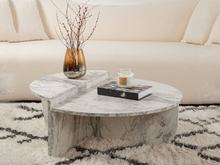 Tavolino da Salotto Bianco Marmo Forma Rettangolare Materiale Piano in Legno Nobilitato 90x60x35h cm, Colore Ripiano Bianco - Mansue