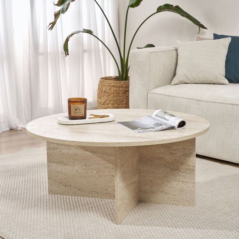 Tavolino da Salotto Bianco Marmo Forma Rotondo Materiale Piano in Legno Nobilitato 90x90x40h cm, Colore Ripiano Bianco - Simbario