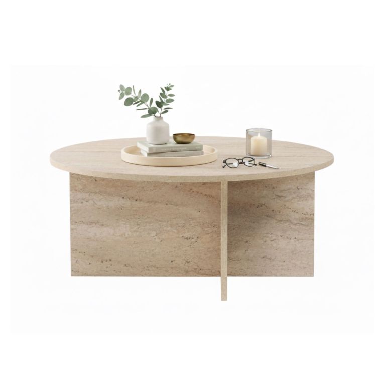 Tavolino da Salotto Bianco Marmo Forma Rotondo Materiale Piano in Legno Nobilitato 90x90x40h cm, Colore Ripiano Bianco - Simbario