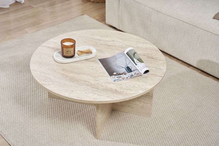 Tavolino da Salotto Bianco Marmo Forma Rotondo Materiale Piano in Legno Nobilitato 90x90x40h cm, Colore Ripiano Bianco - Simbario