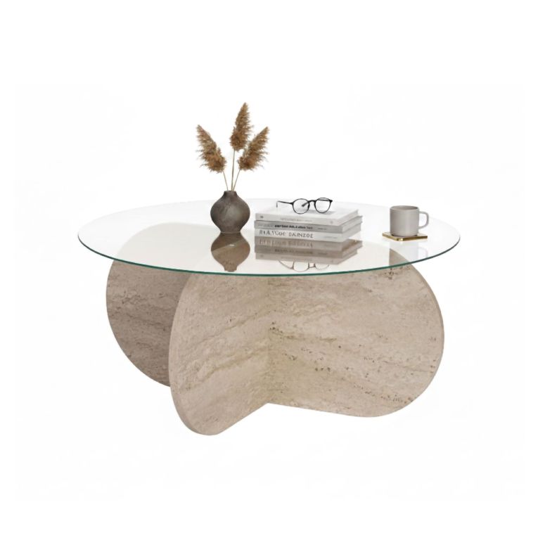 Tavolino da Salotto Bianco Marmo Forma Rotondo Materiale Piano in Vetro 75x75x35h cm, Colore Ripiano Trasparente - Cugnoli