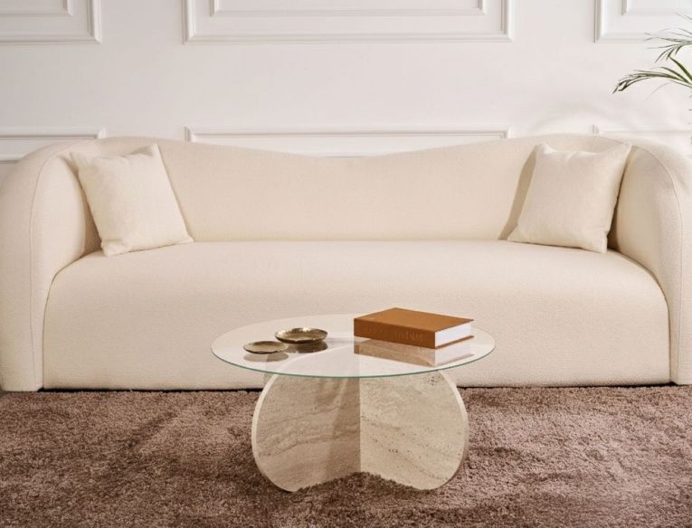 Tavolino da Salotto Bianco Marmo Forma Rotondo Materiale Piano in Vetro 75x75x35h cm, Colore Ripiano Trasparente - Cugnoli