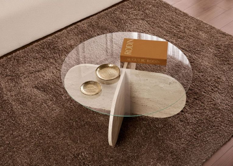 Tavolino da Salotto Bianco Marmo Forma Rotondo Materiale Piano in Vetro 75x75x35h cm, Colore Ripiano Trasparente - Cugnoli