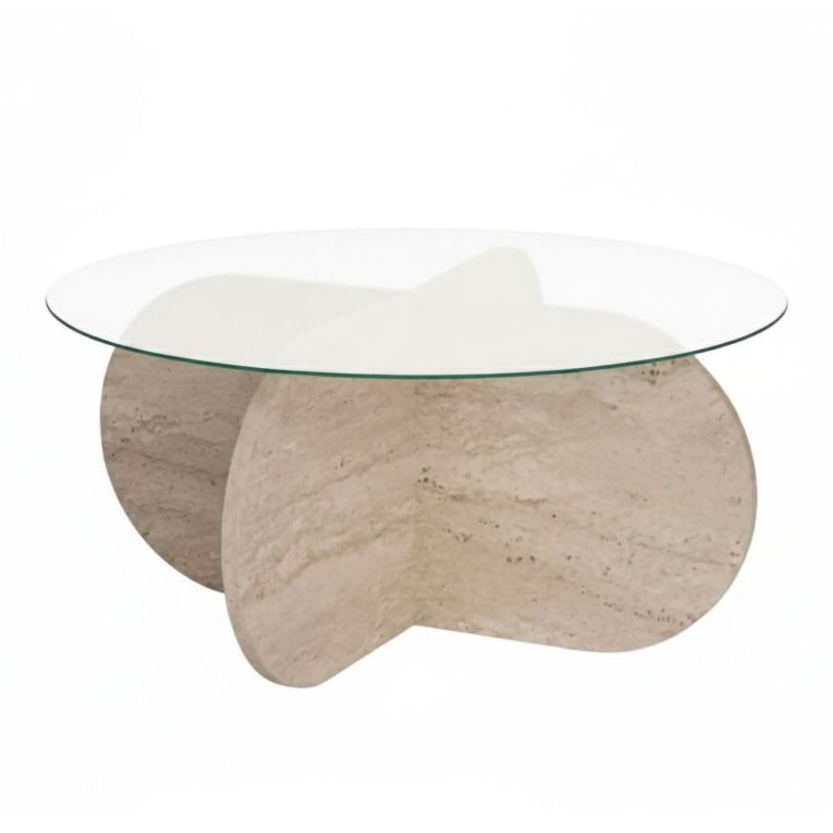 Tavolino da Salotto Bianco Marmo Forma Rotondo Materiale Piano in Vetro 75x75x35h cm, Colore Ripiano Trasparente - Cugnoli