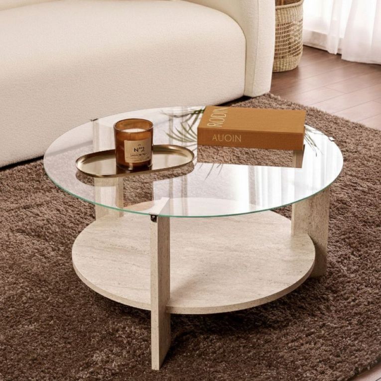 Tavolino da Salotto Bianco Marmo Forma Rotondo Materiale Piano in Vetro 75x75x40h cm, Colore Ripiano Trasparente - Canevino