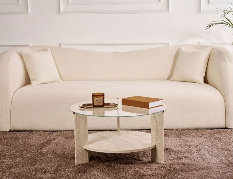 Tavolino da Salotto Bianco Marmo Forma Rotondo Materiale Piano in Vetro 75x75x40h cm, Colore Ripiano Trasparente - Canevino