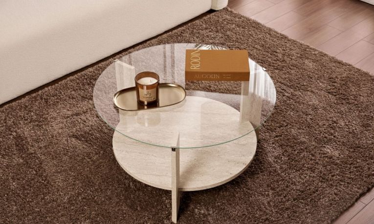 Tavolino da Salotto Bianco Marmo Forma Rotondo Materiale Piano in Vetro 75x75x40h cm, Colore Ripiano Trasparente - Canevino