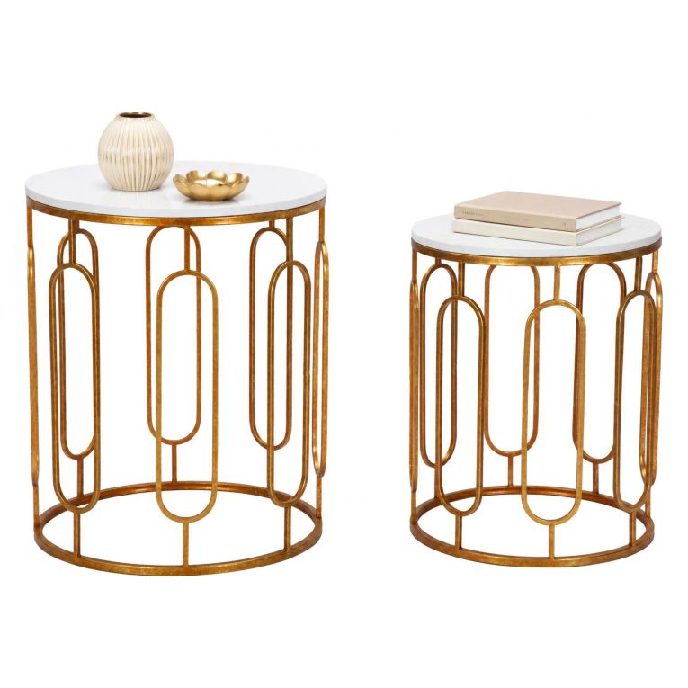Tavolino da Salotto Bianco Marmo oro set da 2, Ripiano Effetto Marmo Forma Rotondo 46x46x55h cm, Colore Ripiano Bianco - Alexan