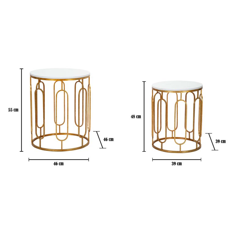 Tavolino da Salotto Bianco Marmo oro set da 2, Ripiano Effetto Marmo Forma Rotondo 46x46x55h cm, Colore Ripiano Bianco - Alexan