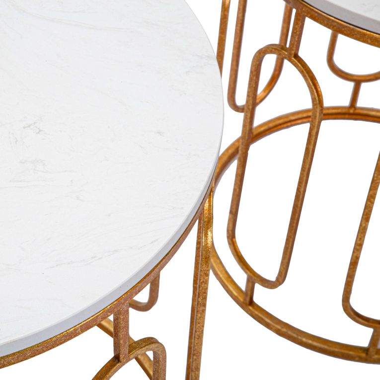 Tavolino da Salotto Bianco Marmo oro set da 2, Ripiano Effetto Marmo Forma Rotondo 46x46x55h cm, Colore Ripiano Bianco - Alexan