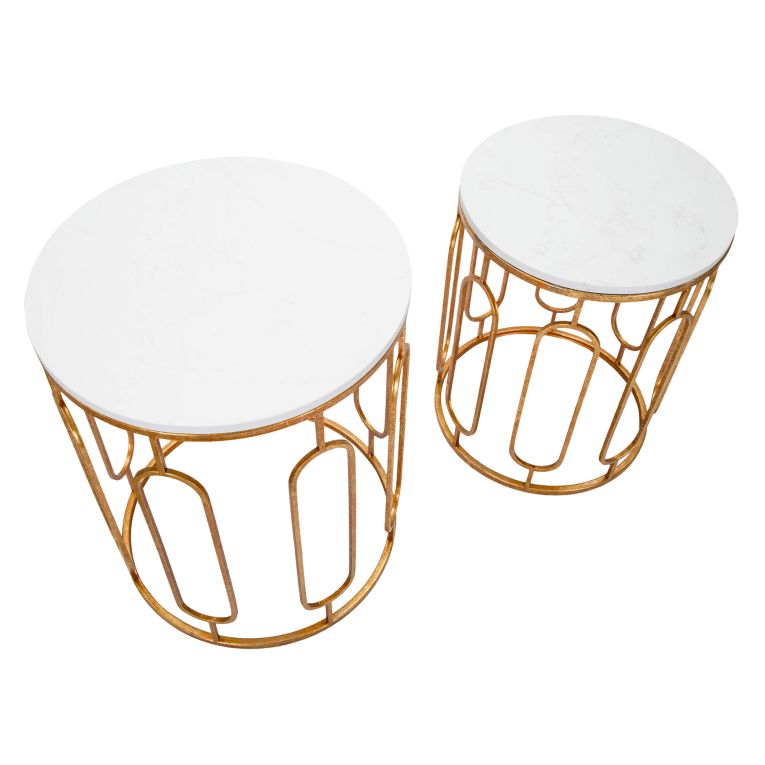 Tavolino da Salotto Bianco Marmo oro set da 2, Ripiano Effetto Marmo Forma Rotondo 46x46x55h cm, Colore Ripiano Bianco - Alexan