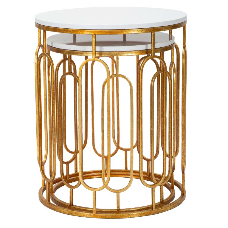 Tavolino da Salotto Bianco Marmo oro set da 2, Ripiano Effetto Marmo Forma Rotondo 46x46x55h cm, Colore Ripiano Bianco - Alexan