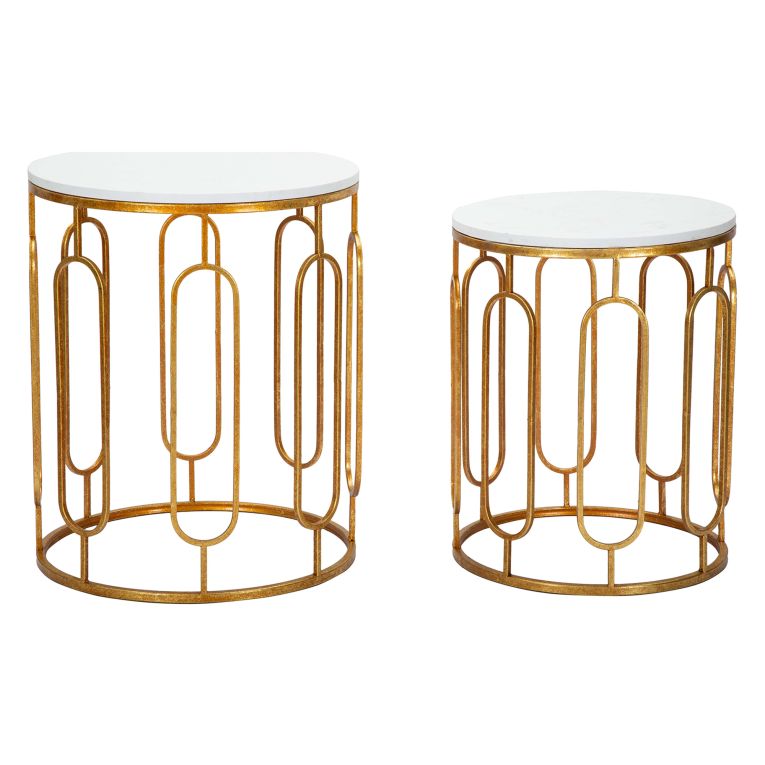 Tavolino da Salotto Bianco Marmo oro set da 2, Ripiano Effetto Marmo Forma Rotondo 46x46x55h cm, Colore Ripiano Bianco - Alexan