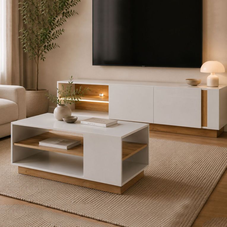 Tavolino da Salotto Bianco Marrone Rovere 2 Vani Forma Rettangolare 100x60x46h cm, Colore Ripiano Bianco - Kari
