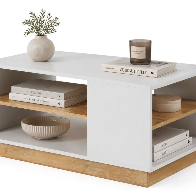 Tavolino da Salotto Bianco Marrone Rovere 2 Vani Forma Rettangolare 100x60x46h cm, Colore Ripiano Bianco - Kari