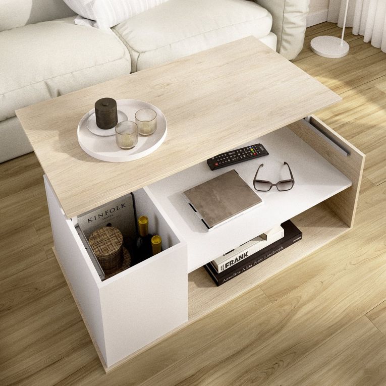 Tavolino da Salotto Bianco Marrone Rovere Cassetti 50x100x42h cm, 3 Vani - Fargo