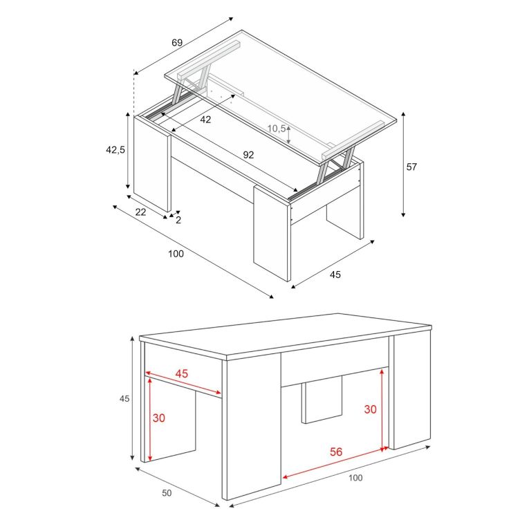 Tavolino da Salotto Bianco Marrone Rovere Nodi Piano Elevabile Contenitore un Vano 100x45x50h cm, Piano Sollevabile - Almas