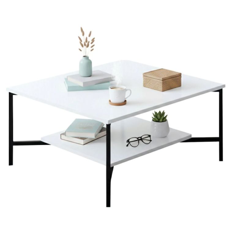 Tavolino da Salotto Bianco Nero Piedini Neri un Vano 80x80x40h cm, Forma Quadrata - Mia