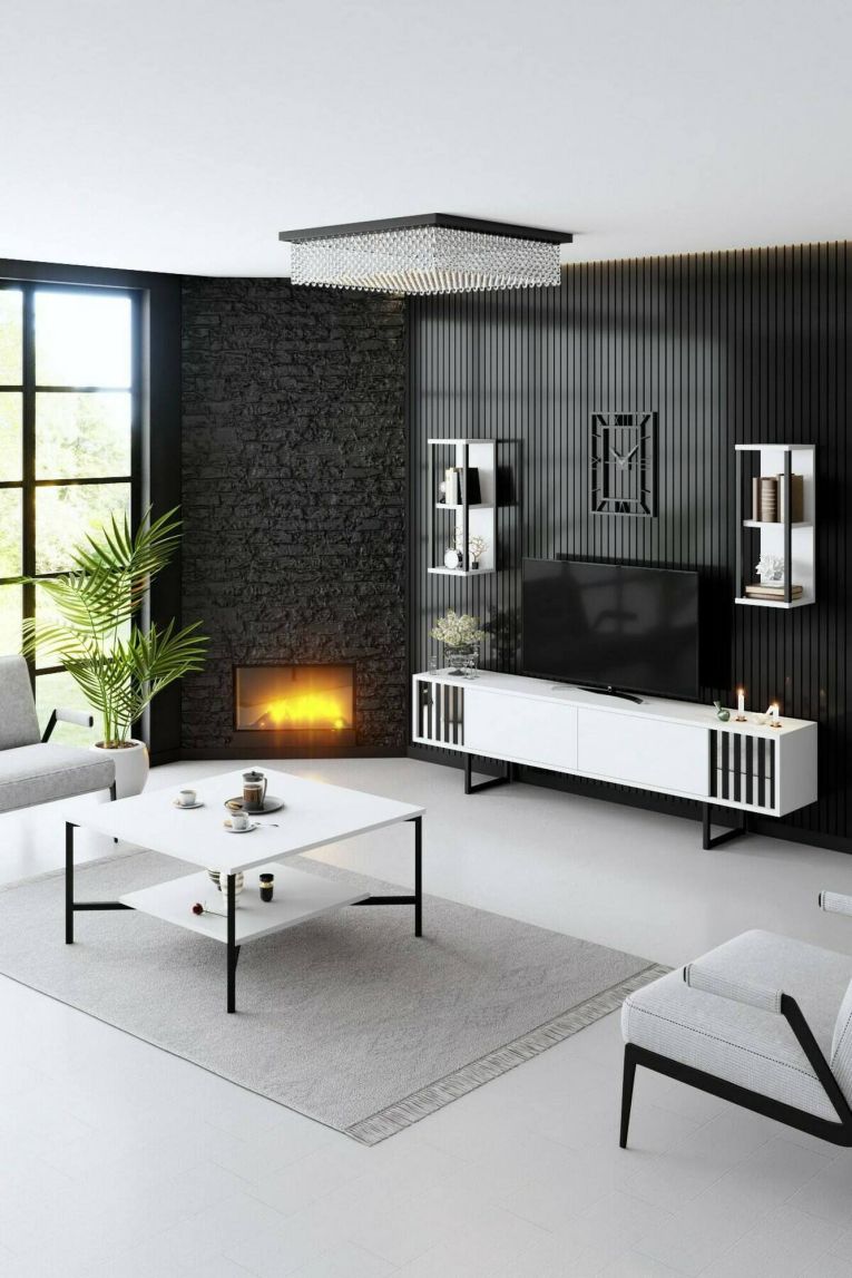 Tavolino da Salotto Bianco Nero Piedini Neri un Vano 80x80x40h cm, Forma Quadrata - Mia