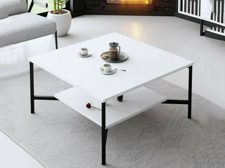 Tavolino da Salotto Bianco Nero Piedini Neri un Vano 80x80x40h cm, Forma Quadrata - Mia