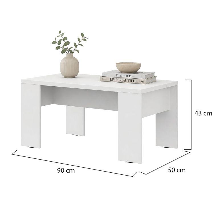 Tavolino da Salotto Bianco Opaco Forma Rettangolare Colore Ripiano Bianco 90x50x43h cm, Sfumatura Colore Struttura Opaco - Riposto