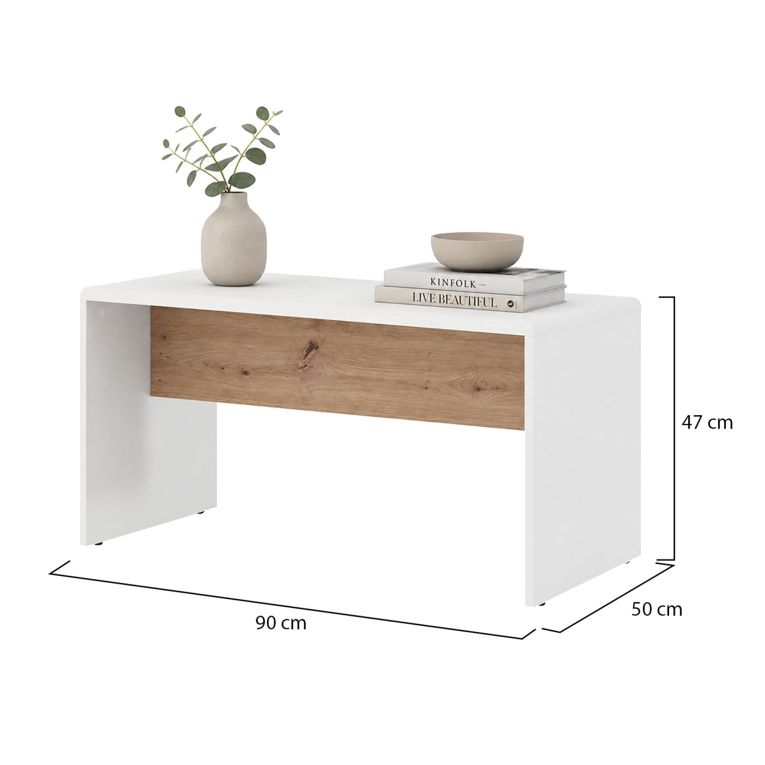 Tavolino da Salotto Bianco Opaco Marrone Rovere Nodi Forma Rettangolare Colore Ripiano Bianco 90x50x47h cm, Colore Struttura Marrone - Limatola