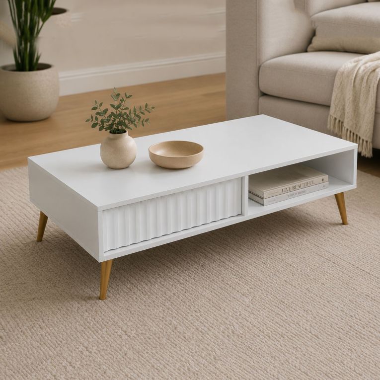 Tavolino da Salotto Bianco oro 2 Cassetti con Piedini Effetto Rigato 102x67x35h cm, un Vano - Lipa