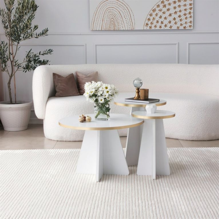 Tavolino da Salotto Bianco oro Modulabile Forma Rotondo 40x40x50h cm, Colore Struttura oro - Cardito