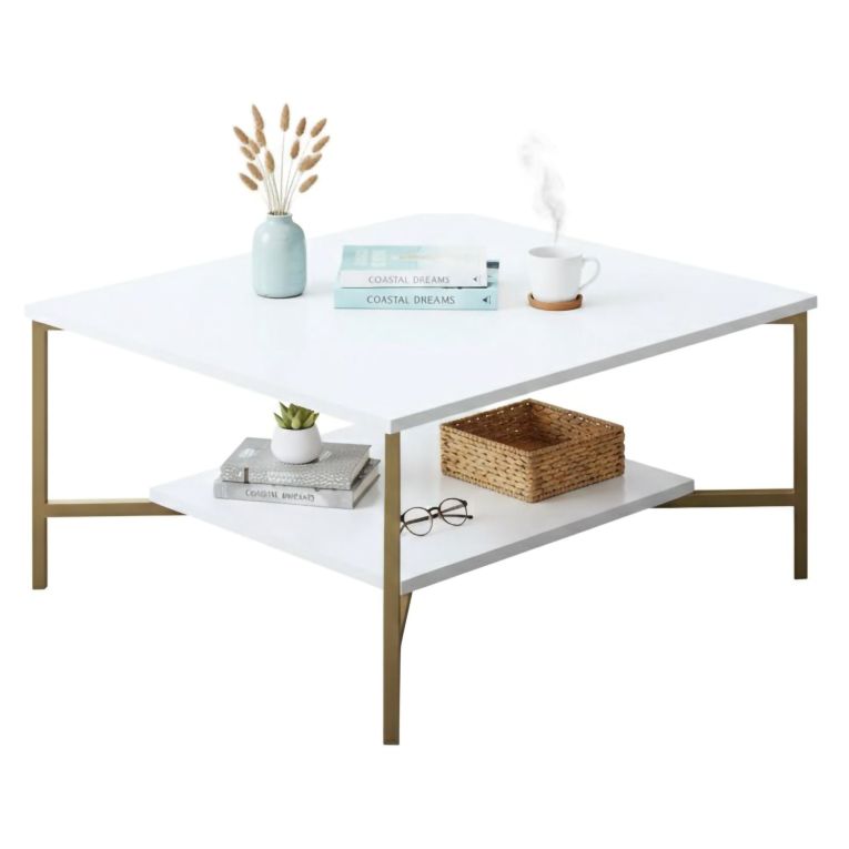 Tavolino da Salotto Bianco oro Piedini oro un Vano 80x80x40h cm, Forma Quadrata - Mia