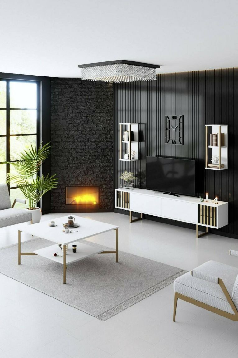 Tavolino da Salotto Bianco oro Piedini oro un Vano 80x80x40h cm, Forma Quadrata - Mia