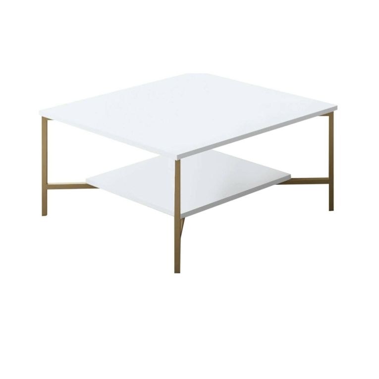 Tavolino da Salotto Bianco oro Piedini oro un Vano 80x80x40h cm, Forma Quadrata - Mia