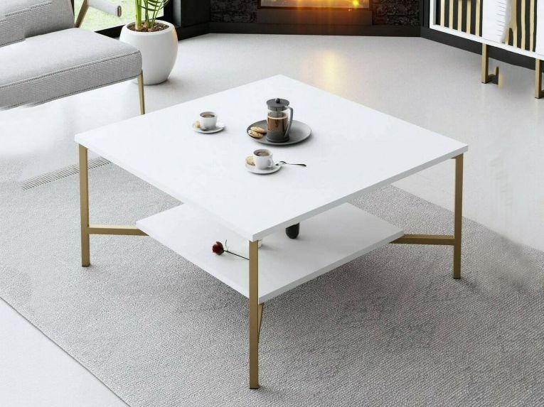 Tavolino da Salotto Bianco oro Piedini oro un Vano 80x80x40h cm, Forma Quadrata - Mia