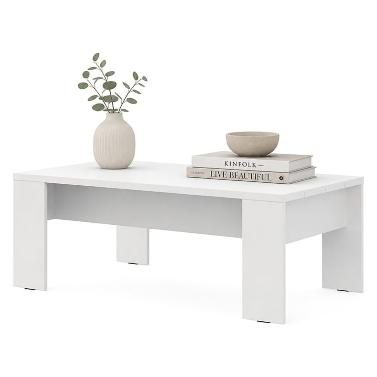 Tavolino da Salotto Bianco Piano Effetto Doghe Forma Rettangolare 120x67x43h cm, Colore Ripiano Bianco - Bertona