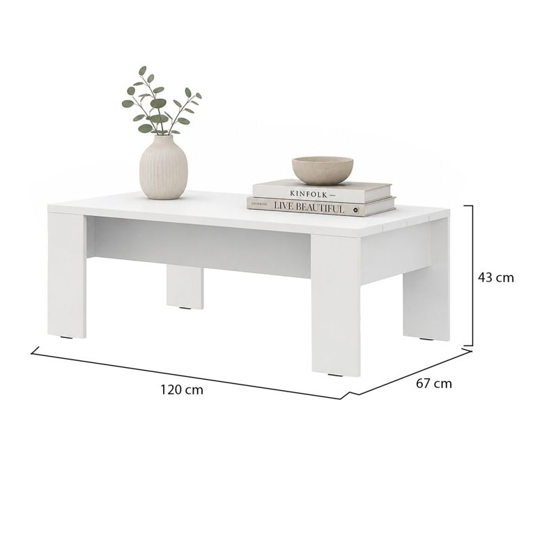 Tavolino da Salotto Bianco Piano Effetto Doghe Forma Rettangolare 120x67x43h cm, Colore Ripiano Bianco - Bertona